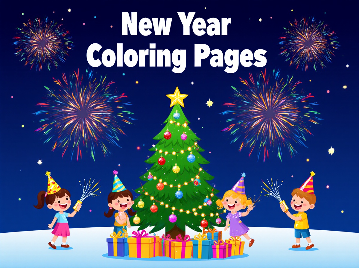 New Year coloring pages featuring festive fireworks and cheerful celebrations.